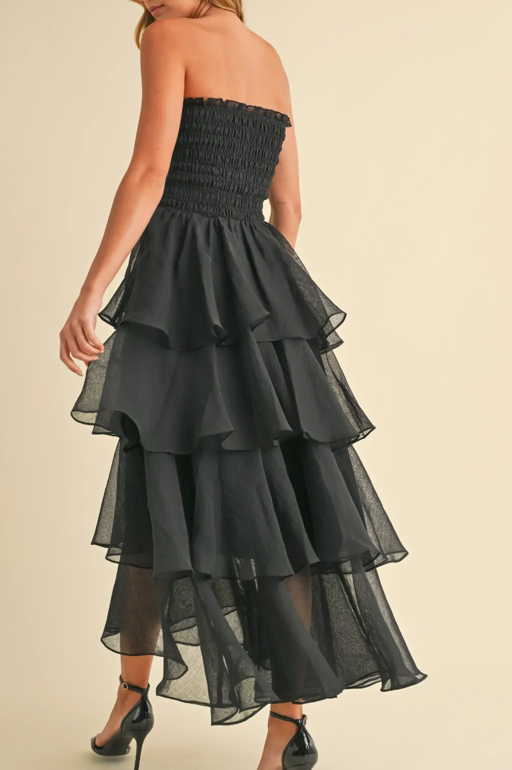 Smocked Strapless Tiered Ruffled Maxi Dress
