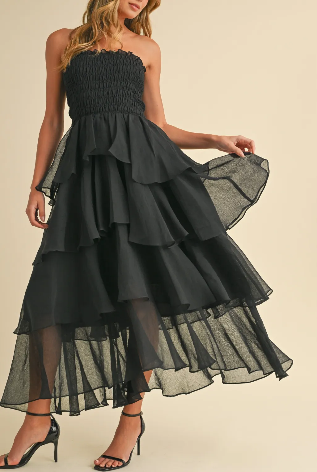 Smocked Strapless Tiered Ruffled Maxi Dress