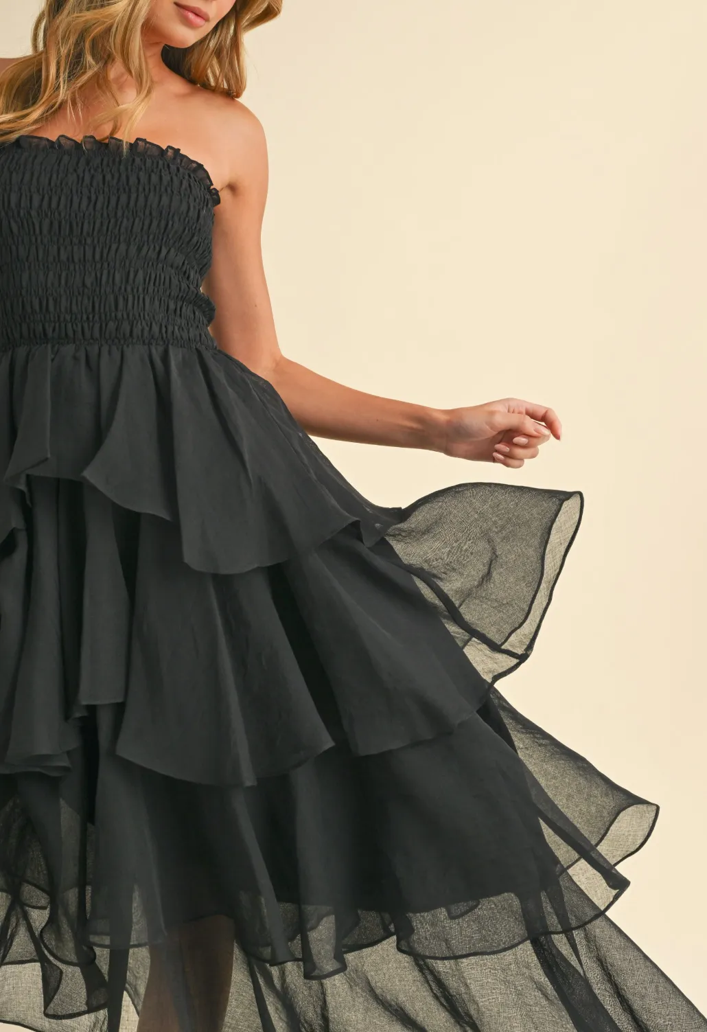 Smocked Strapless Tiered Ruffled Maxi Dress
