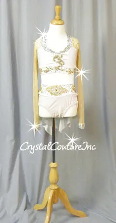 White Velour/Lycra Top & Trunk/Skirt with Nude Mesh - Swarovski Rhinestones