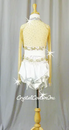 White Velour/Lycra Top & Trunk/Skirt with Nude Mesh - Swarovski Rhinestones